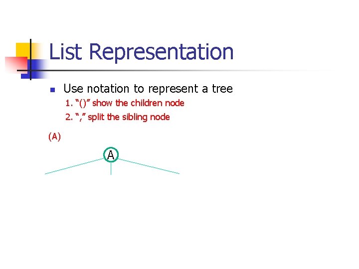 List Representation n Use notation to represent a tree 1. “()” show the children