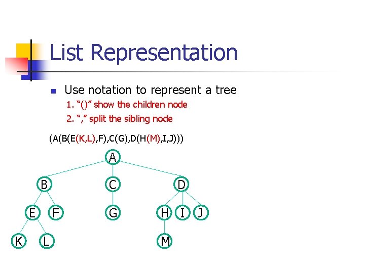 List Representation n Use notation to represent a tree 1. “()” show the children