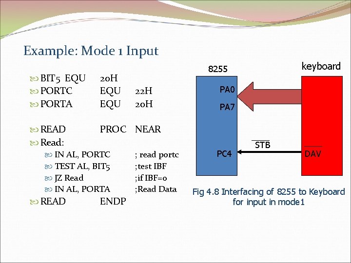 Example: Mode 1 Input BIT 5 EQU PORTC PORTA 20 H EQU READ Read: