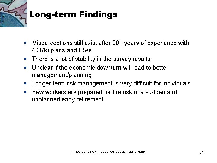 Long-term Findings § Misperceptions still exist after 20+ years of experience with 401(k) plans Long-term Findings § Misperceptions still exist after 20+ years of experience with 401(k) plans