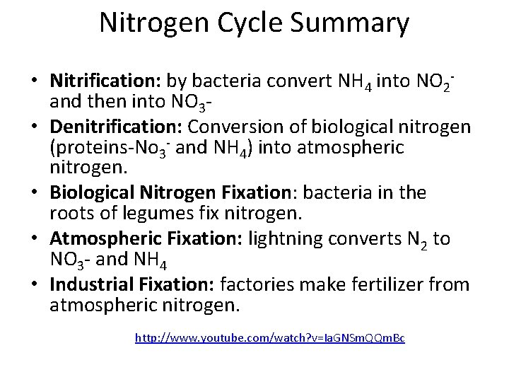 Nitrogen Cycle Summary • Nitrification: by bacteria convert NH 4 into NO 2 and
