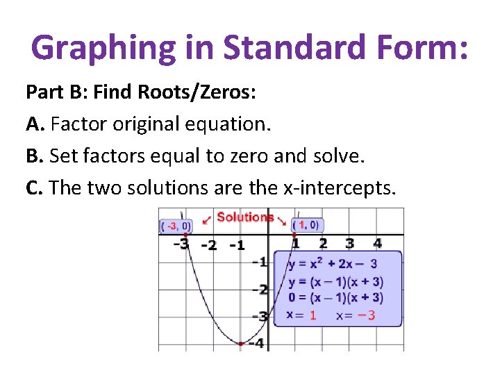 Graphing in Standard Form: Part B: Find Roots/Zeros: A. Factor original equation. B. Set
