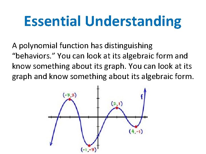 Essential Understanding A polynomial function has distinguishing “behaviors. ” You can look at its