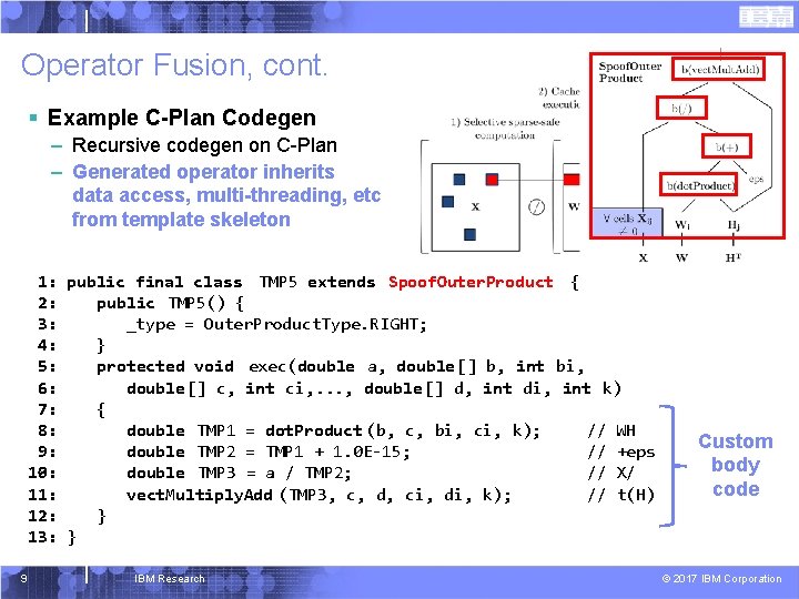 Operator Fusion, cont. § Example C-Plan Codegen – Recursive codegen on C-Plan – Generated