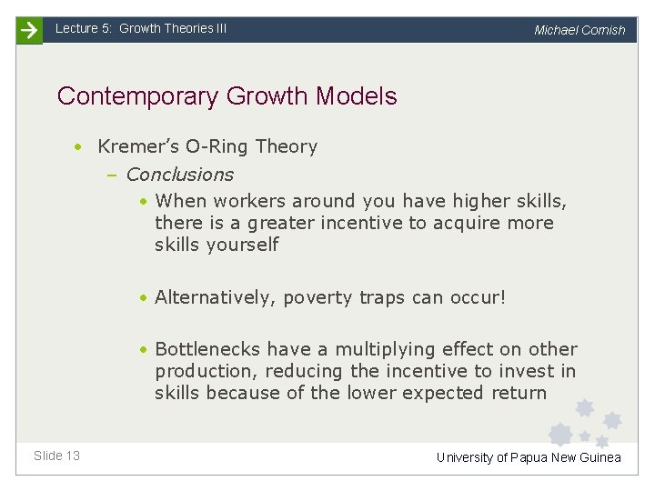 Lecture 5: Growth Theories III Michael Cornish Contemporary Growth Models • Kremer’s O-Ring Theory