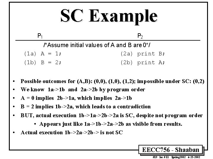 SC Example P 1 P 2 /*Assume initial values of A and B are