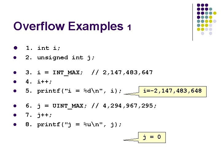 Overflow Examples 1 l l l l 1. int i; 2. unsigned int j; Overflow Examples 1 l l l l 1. int i; 2. unsigned int j;