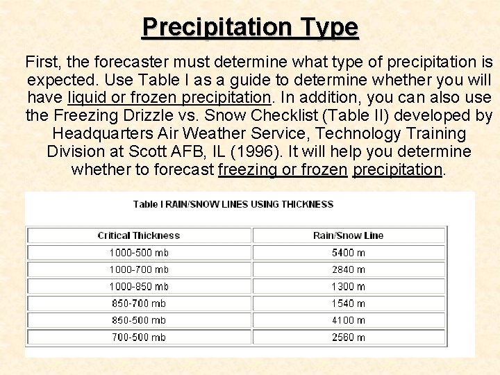 Precipitation Type First, the forecaster must determine what type of precipitation is expected. Use Precipitation Type First, the forecaster must determine what type of precipitation is expected. Use