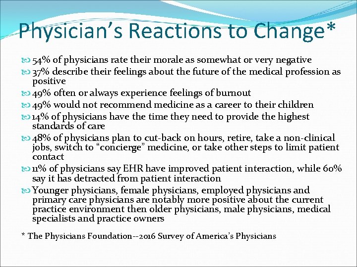 Physician’s Reactions to Change* 54% of physicians rate their morale as somewhat or very