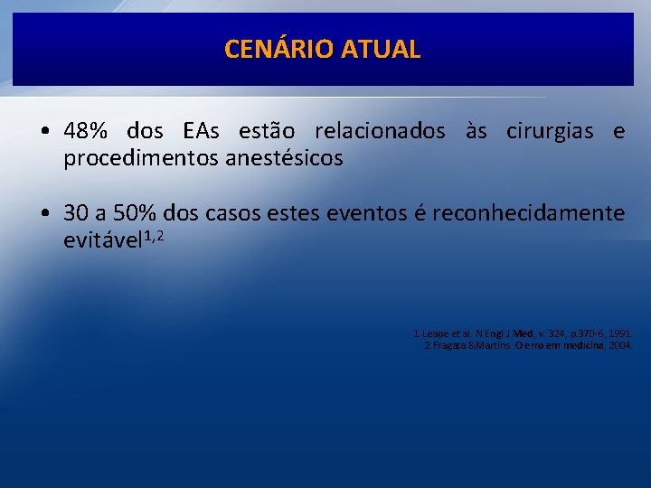 CENÁRIO ATUAL • 48% dos EAs estão relacionados às cirurgias e procedimentos anestésicos •