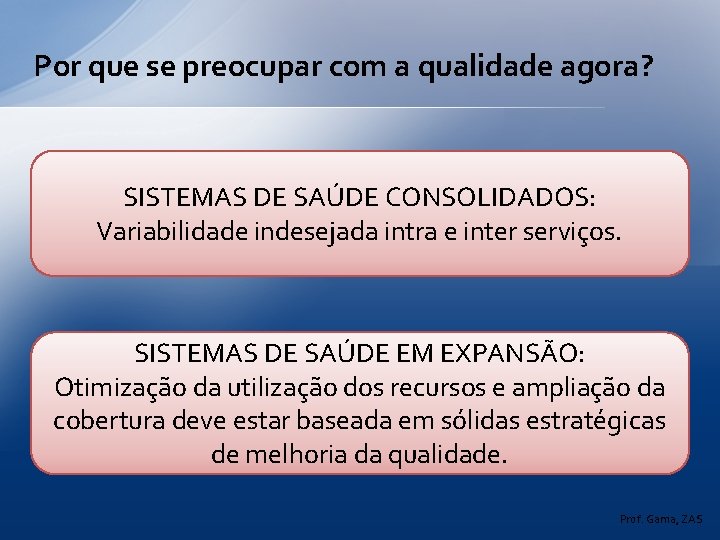 Por que se preocupar com a qualidade agora? SISTEMAS DE SAÚDE CONSOLIDADOS: Variabilidade indesejada