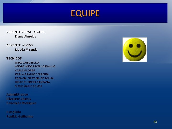 EQUIPE GERENTE GERAL - GGTES Diana Almeida GERENTE - GVIMS Magda Miranda TÉCNICOS ANACLARA