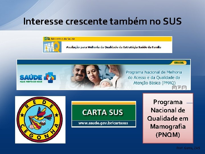 Interesse crescente também no SUS Programa Nacional de Qualidade em Mamografia (PNQM) Prof. Gama,