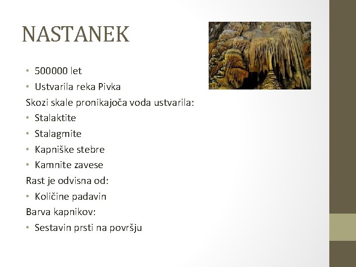 NASTANEK • 500000 let • Ustvarila reka Pivka Skozi skale pronikajoča voda ustvarila: •