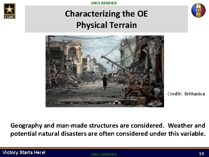 UNCLASSIFIED Characterizing the OE Physical Terrain Credit: Brittanica Geography and man-made structures are considered.