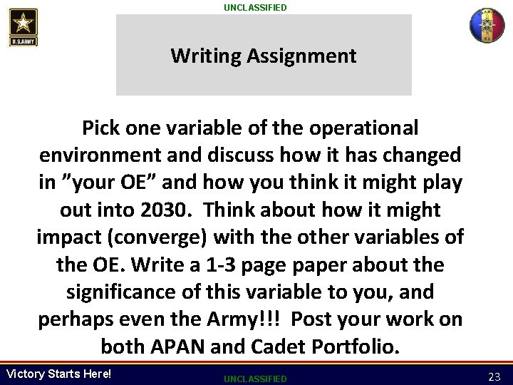 UNCLASSIFIED Writing Assignment Pick one variable of the operational environment and discuss how it
