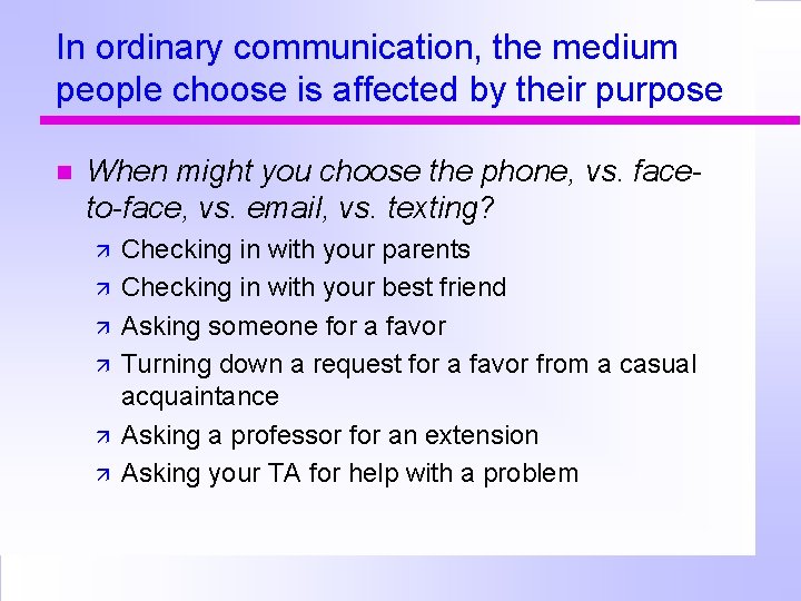 In ordinary communication, the medium people choose is affected by their purpose When might
