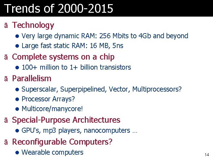 Trends of 2000 -2015 ã Technology l Very large dynamic RAM: 256 Mbits to Trends of 2000 -2015 ã Technology l Very large dynamic RAM: 256 Mbits to