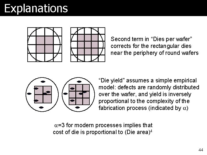 Explanations Second term in “Dies per wafer” corrects for the rectangular dies near the Explanations Second term in “Dies per wafer” corrects for the rectangular dies near the