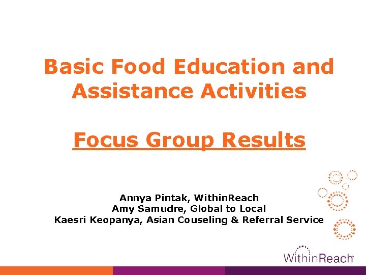 Basic Food Education and Assistance Activities Focus Group Results Annya Pintak, Within. Reach Amy