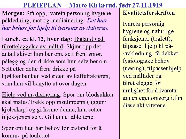 PLEIEPLAN - Marte Kirkerud, født 27. 11. 1919 Morgen: Stå opp, ivareta personlig hygiene,