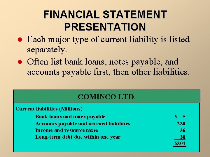 FINANCIAL STATEMENT PRESENTATION l l Each major type of current liability is listed separately.