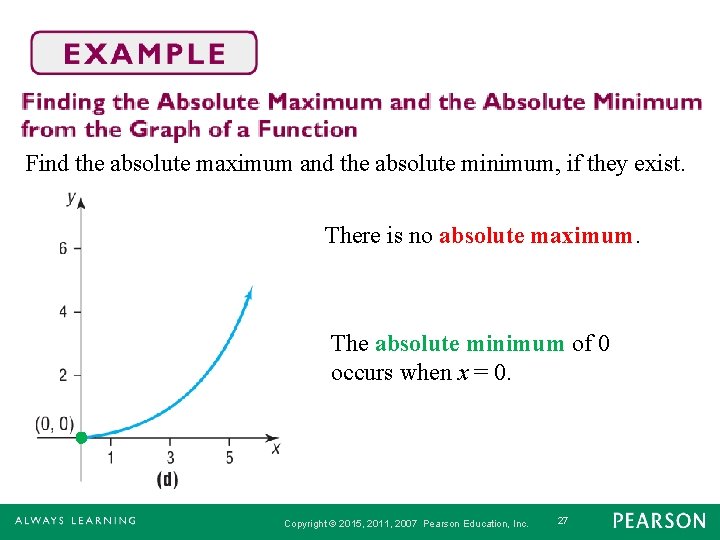 Find the absolute maximum and the absolute minimum, if they exist. There is no