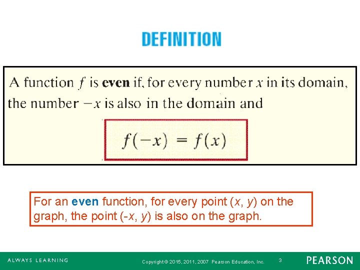 For an even function, for every point (x, y) on the graph, the point