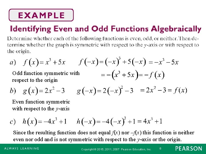 Odd function symmetric with respect to the origin Even function symmetric with respect to
