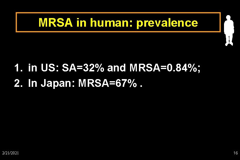 MRSA in human: prevalence 1. in US: SA=32% and MRSA=0. 84%; 2. In Japan: