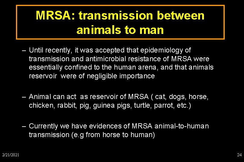 MRSA: transmission between animals to man – Until recently, it was accepted that epidemiology