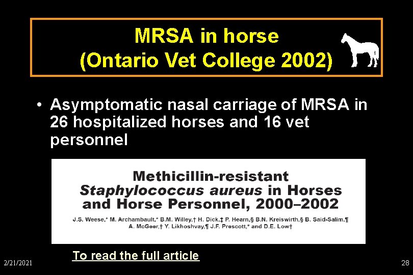 MRSA in horse (Ontario Vet College 2002) • Asymptomatic nasal carriage of MRSA in