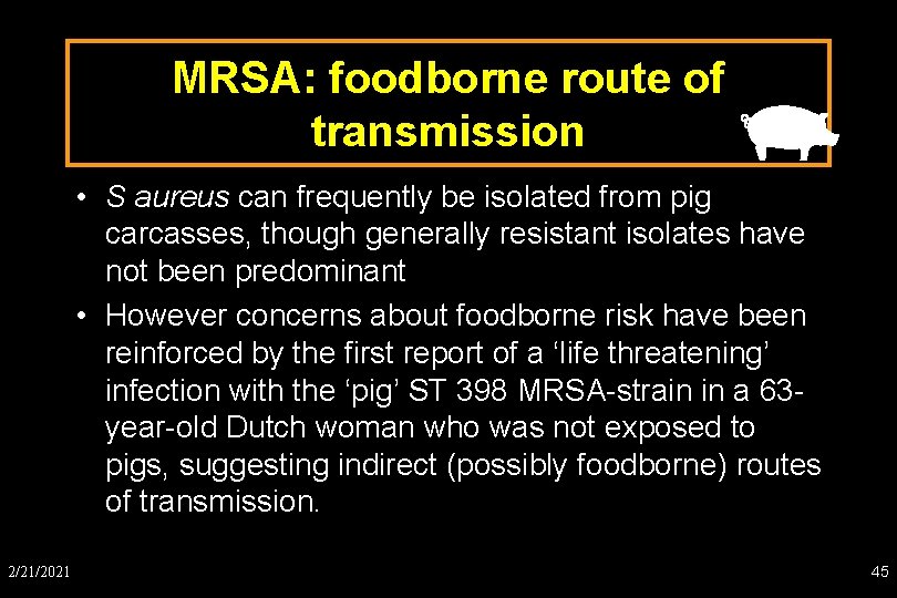 MRSA: foodborne route of transmission • S aureus can frequently be isolated from pig