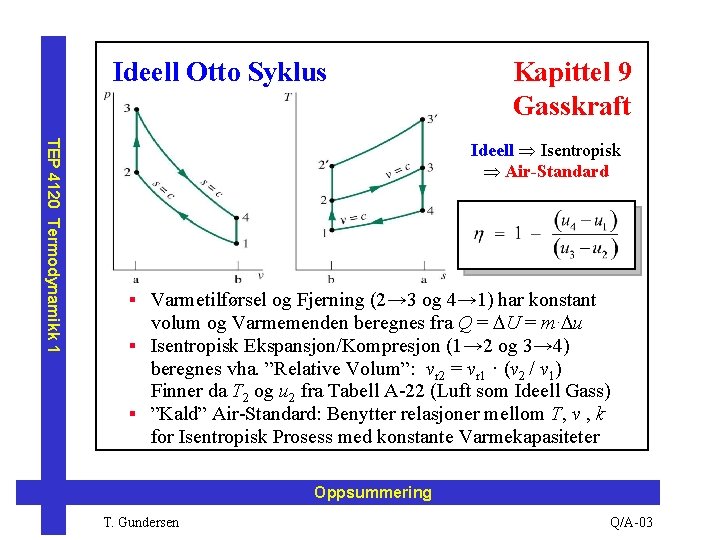Ideell Otto Syklus Kapittel 9 Gasskraft TEP 4120 Termodynamikk 1 Ideell Isentropisk Air-Standard §