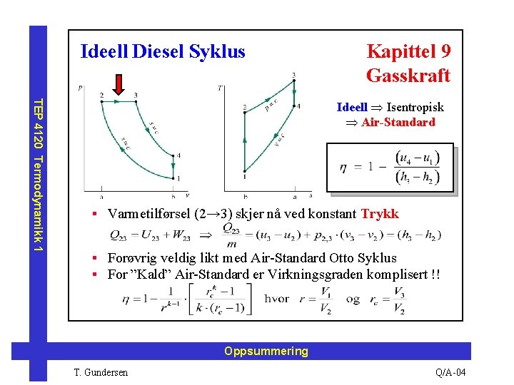 Ideell Diesel Syklus Kapittel 9 Gasskraft TEP 4120 Termodynamikk 1 Ideell Isentropisk Air-Standard §
