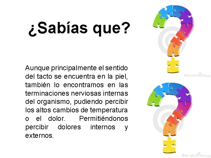 ¿Sabías que? Aunque principalmente el sentido del tacto se encuentra en la piel, también