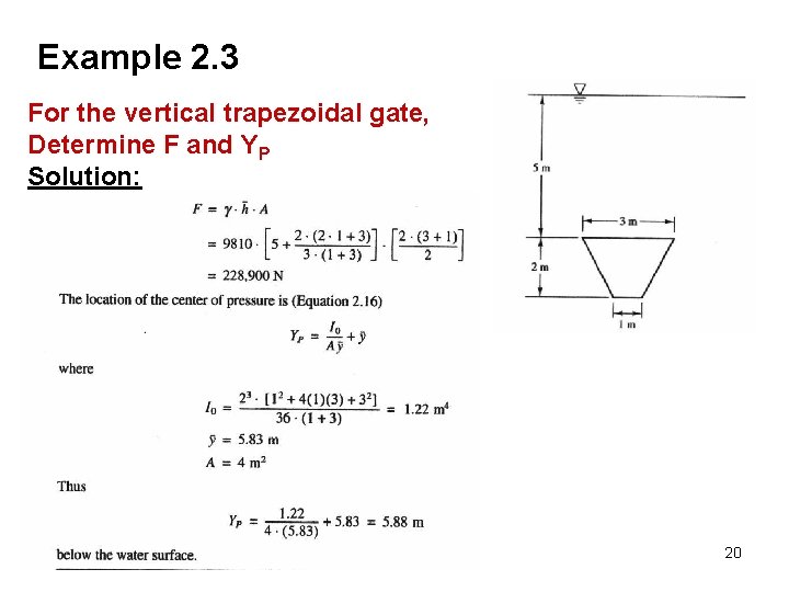 Example 2. 3 For the vertical trapezoidal gate, Determine F and YP Solution: 20