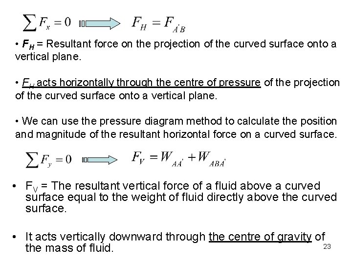  • FH = Resultant force on the projection of the curved surface onto