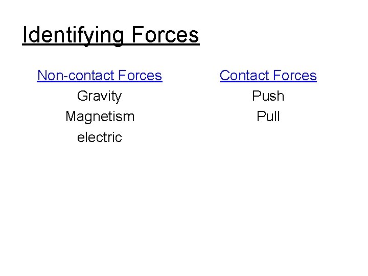 Identifying Forces Non-contact Forces Gravity Magnetism electric Contact Forces Push Pull 