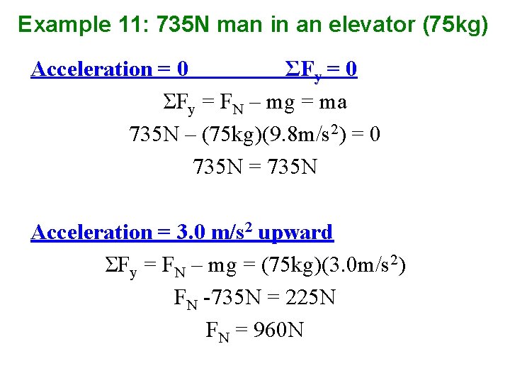 Example 11: 735 N man in an elevator (75 kg) Acceleration = 0 ΣFy