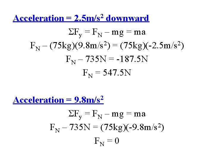 Acceleration = 2. 5 m/s 2 downward ΣFy = FN – mg = ma