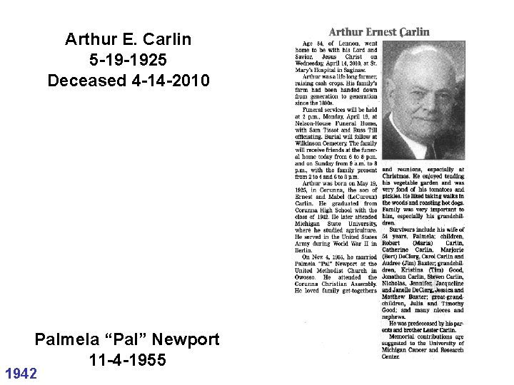Arthur E. Carlin 5 -19 -1925 Deceased 4 -14 -2010 Palmela “Pal” Newport 11 Arthur E. Carlin 5 -19 -1925 Deceased 4 -14 -2010 Palmela “Pal” Newport 11
