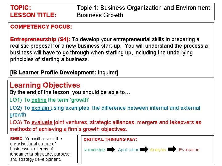 TOPIC: LESSON TITLE: Topic 1: Business Organization and Environment Business Growth COMPETENCY FOCUS: Entrepreneurship