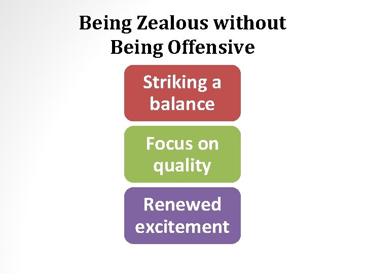 Being Zealous without Being Offensive Striking a balance Focus on quality Renewed excitement 