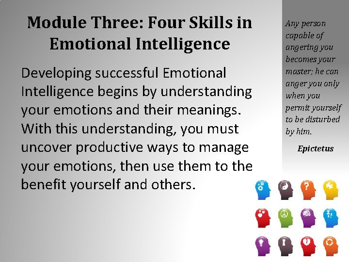 Module Three: Four Skills in Emotional Intelligence Developing successful Emotional Intelligence begins by understanding