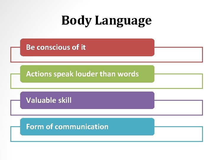 Body Language Be conscious of it Actions speak louder than words Valuable skill Form