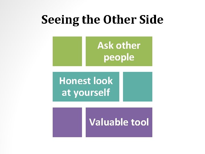 Seeing the Other Side Ask other people Honest look at yourself Valuable tool 