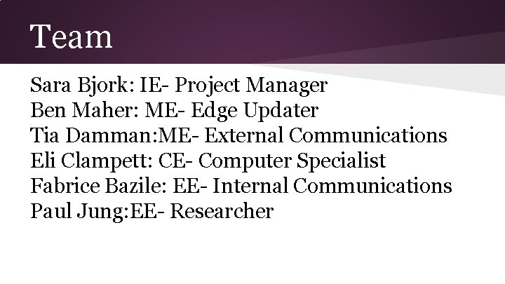 Team Sara Bjork: IE- Project Manager Ben Maher: ME- Edge Updater Tia Damman: ME- Team Sara Bjork: IE- Project Manager Ben Maher: ME- Edge Updater Tia Damman: ME-