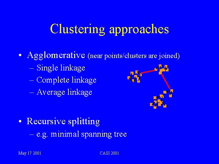 Clustering approaches • Agglomerative (near points/clusters are joined) – Single linkage – Complete linkage