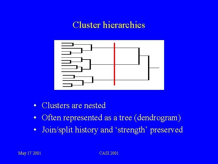 Cluster hierarchies • Clusters are nested • Often represented as a tree (dendrogram) •